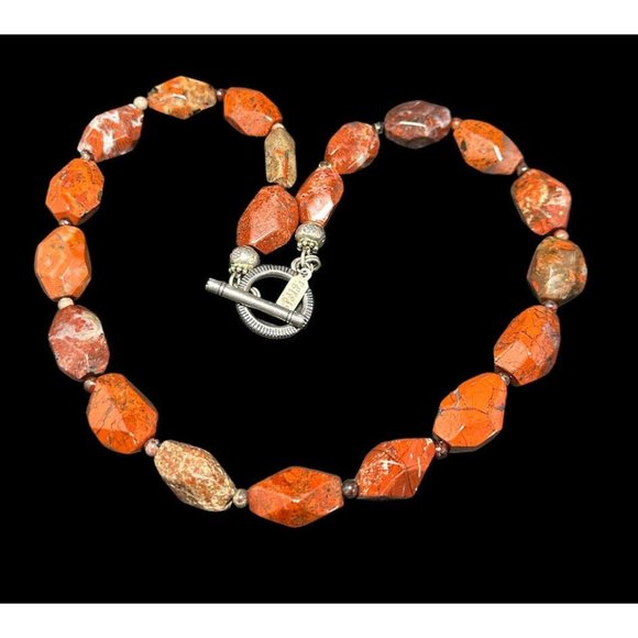 Signed Peyote Bird 925 Toggle Necklace Red Orange Jasper Chunky Beaded 17.5 in - Picture 3 of 6